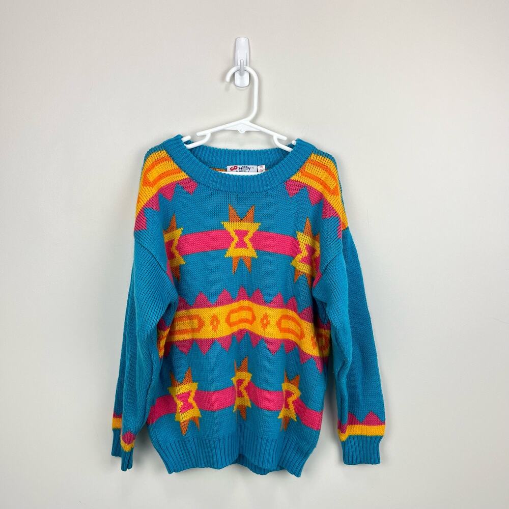 Go Nilly by AKM Blue Patterned Sweater Large 14